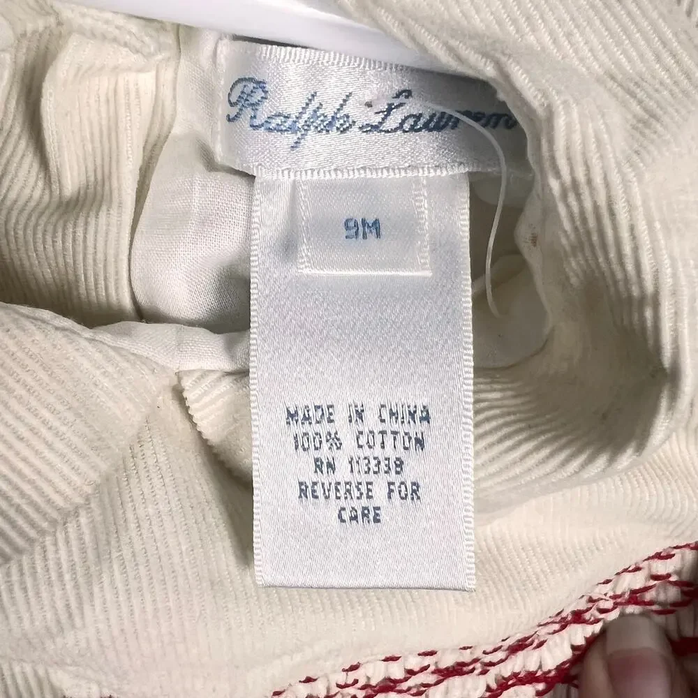 Vintage Ralph Lauren Baby Smocked Corduroy Romper 9M Months Cream Red Holiday